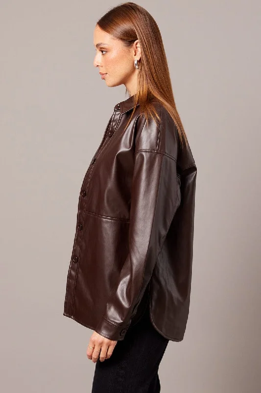 Brown Faux Leather Shacket Long Sleeves