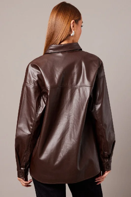 Brown Faux Leather Shacket Long Sleeves