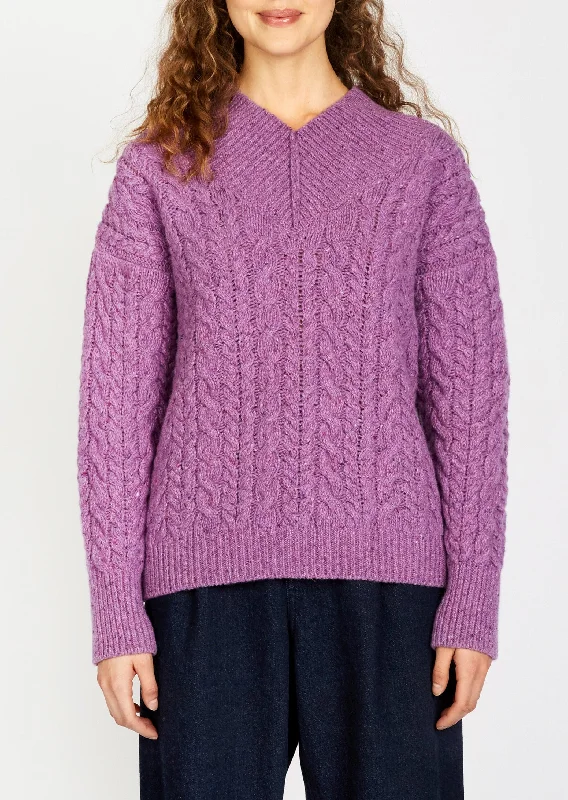 IrelandsEye Cable V-neck Aran Sweater | Orchid