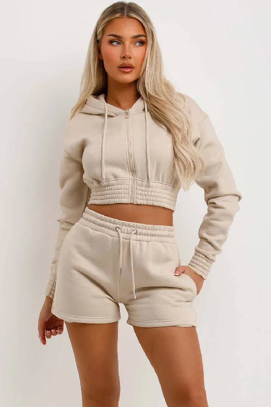 Crop Zip Hoodie And Shorts Tracksuit Set Oatmeal