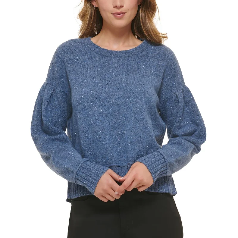 DKNY Jeans Womens Ribbed Trim Puff Sleeve Crewneck Sweater