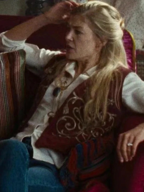 Embroidered Saltburn Rosamund Pike Maroon Vest