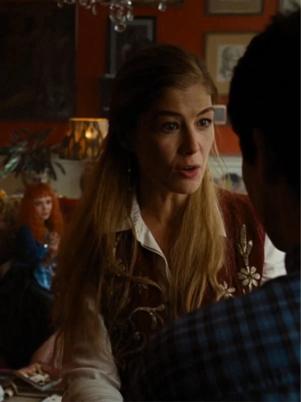 Embroidered Saltburn Rosamund Pike Maroon Vest