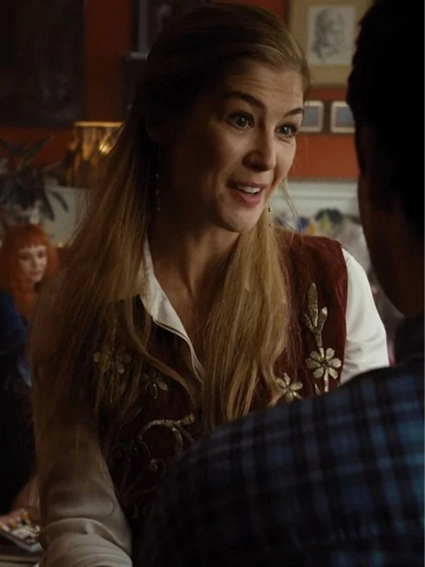 Embroidered Saltburn Rosamund Pike Maroon Vest