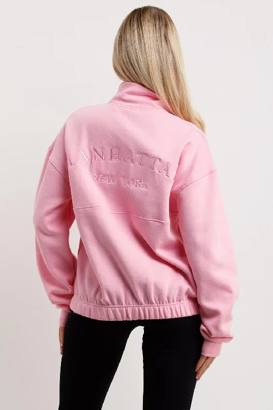 Half Zip Sweatshirt With Manhattan Embroidery Pink