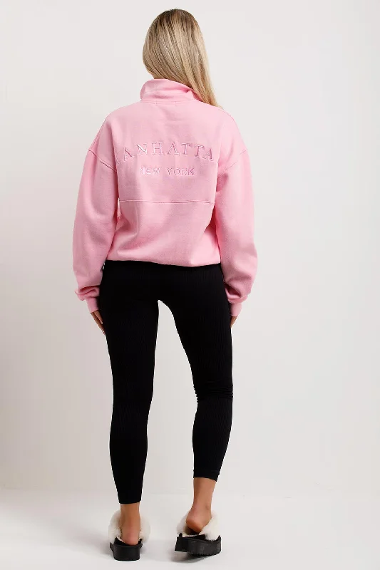 Half Zip Sweatshirt With Manhattan Embroidery Pink