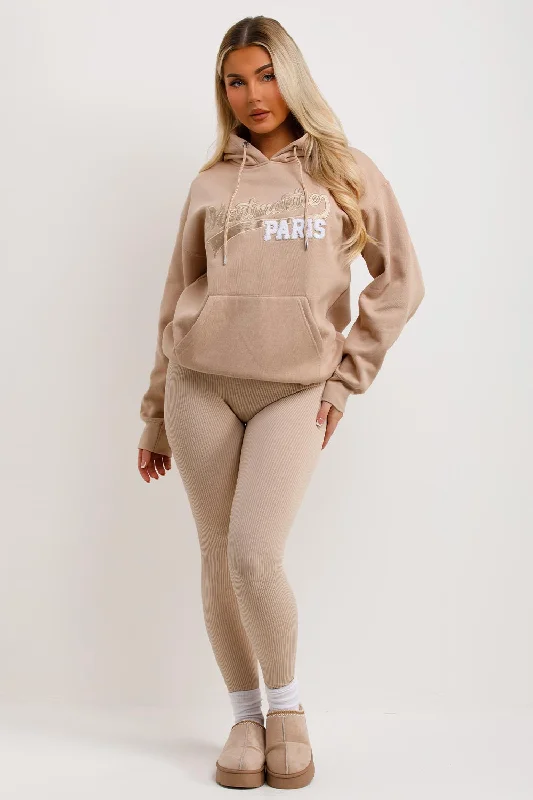 Hoodie With Montmartre Paris Embroidery Beige