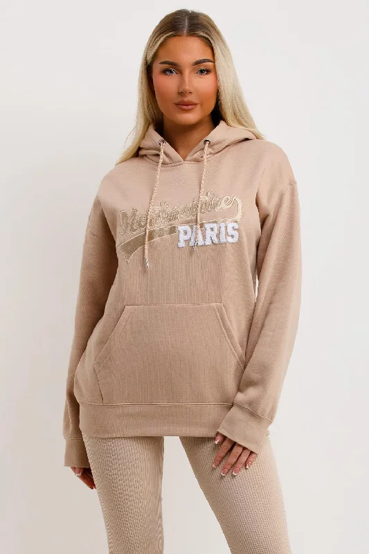 Hoodie With Montmartre Paris Embroidery Beige