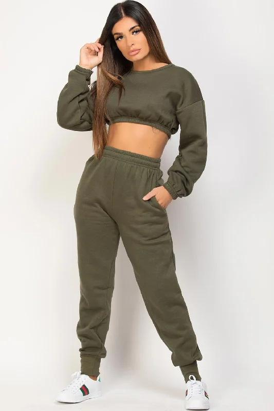 Khaki Crop Sweatshirt And Joggers Loungewear Set