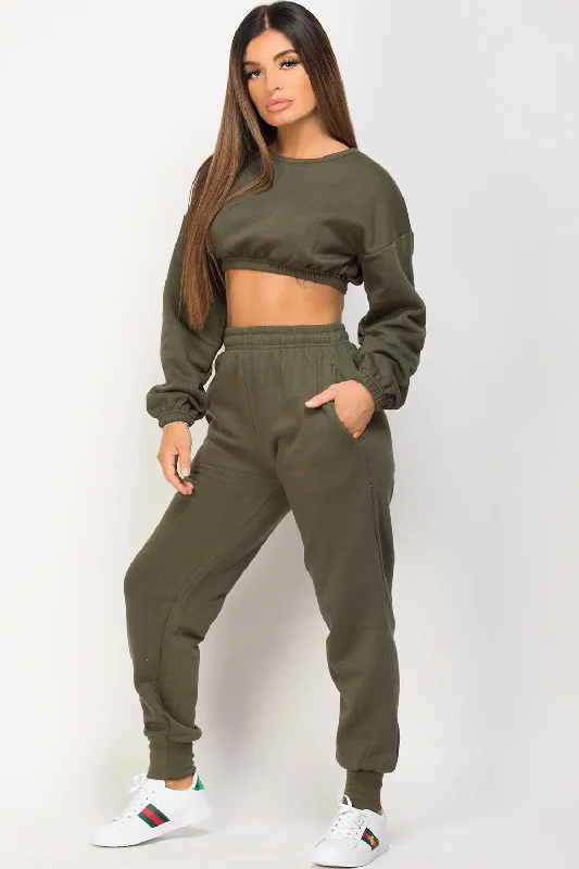 Khaki Crop Sweatshirt And Joggers Loungewear Set