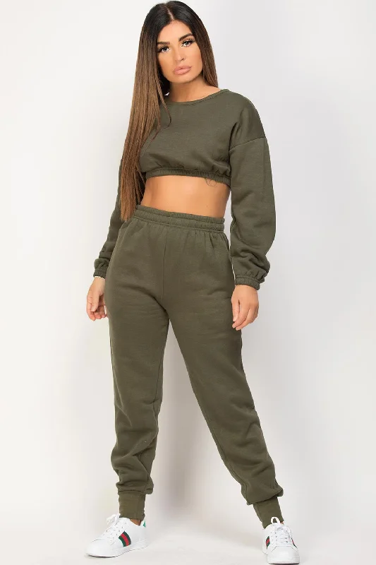 Khaki Crop Sweatshirt And Joggers Loungewear Set