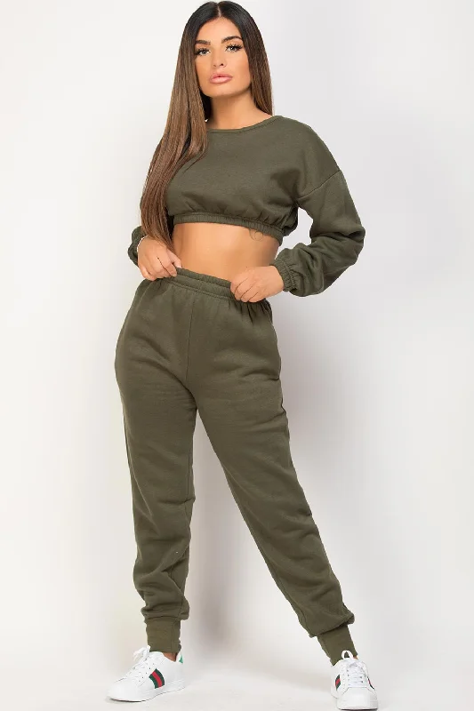 Khaki Crop Sweatshirt And Joggers Loungewear Set