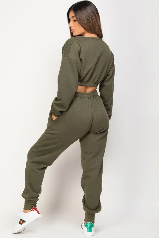 Khaki Crop Sweatshirt And Joggers Loungewear Set