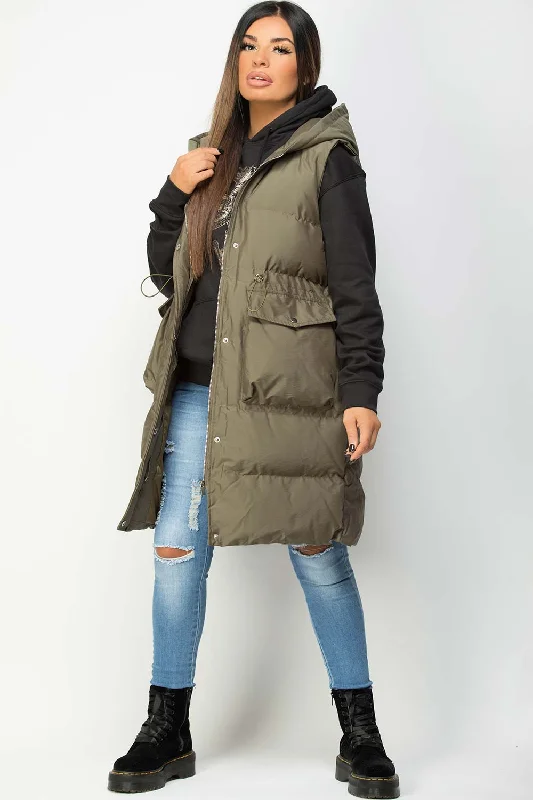 Khaki Padded Longline Gilet With Drawstring Waist