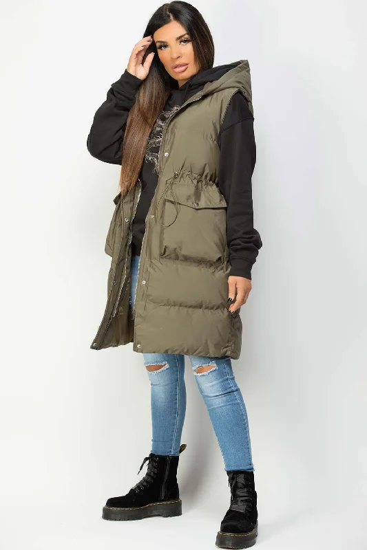 Khaki Padded Longline Gilet With Drawstring Waist