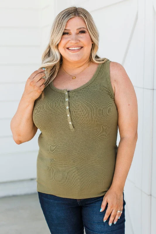 Memorable Moments Henley Tank Top- Light Olive