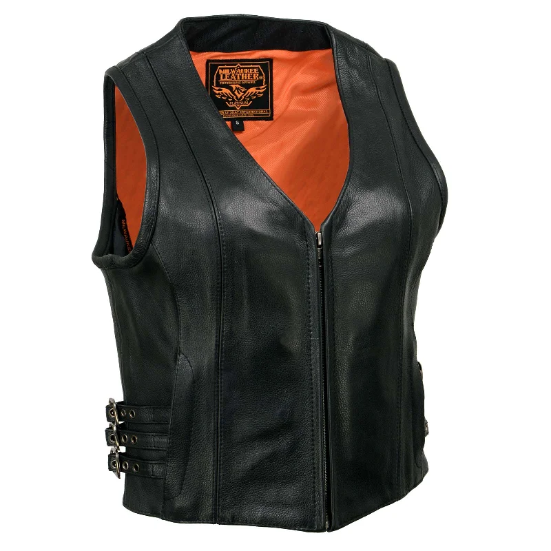 Milwaukee Leather MLL4510 Women's Black Naked Leather Side Buckle Motorcycle Rider Vest with Front Zip Closure