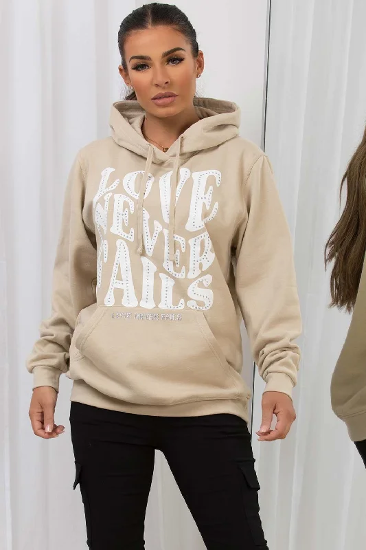 Oversized Hoodie With Love Never Fails Slogan Beige