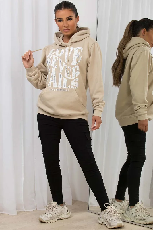 Oversized Hoodie With Love Never Fails Slogan Beige