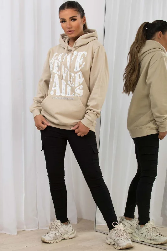 Oversized Hoodie With Love Never Fails Slogan Beige