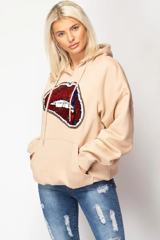 Sequin Lips Oversized Hoodie Stone