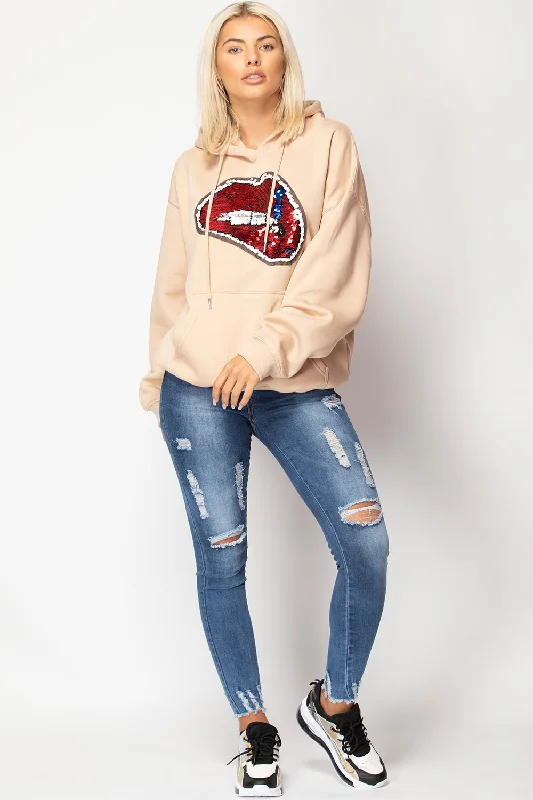 Sequin Lips Oversized Hoodie Stone