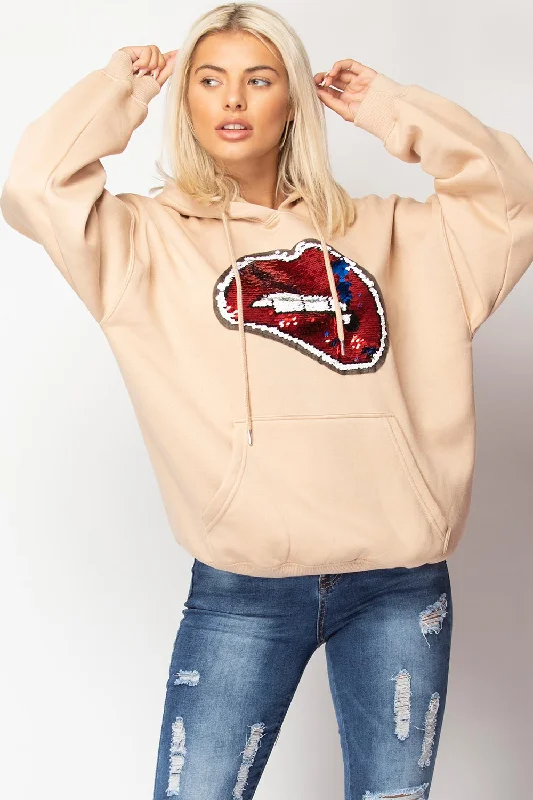 Sequin Lips Oversized Hoodie Stone