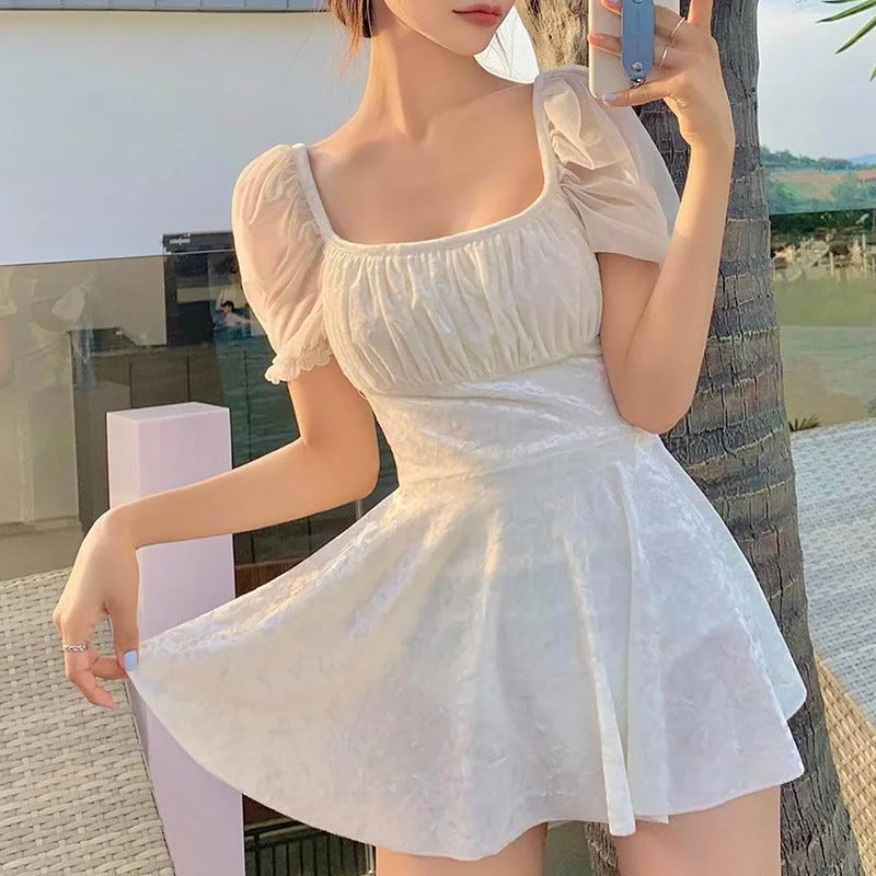 Sisters Pure White Goddess Conservative One-piece Halter Skirt Hot Spring Vacation Swimsuit Women