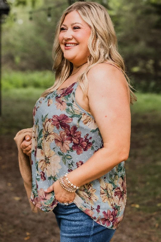 Up For Fun Floral Tank Top- Dusty Blue