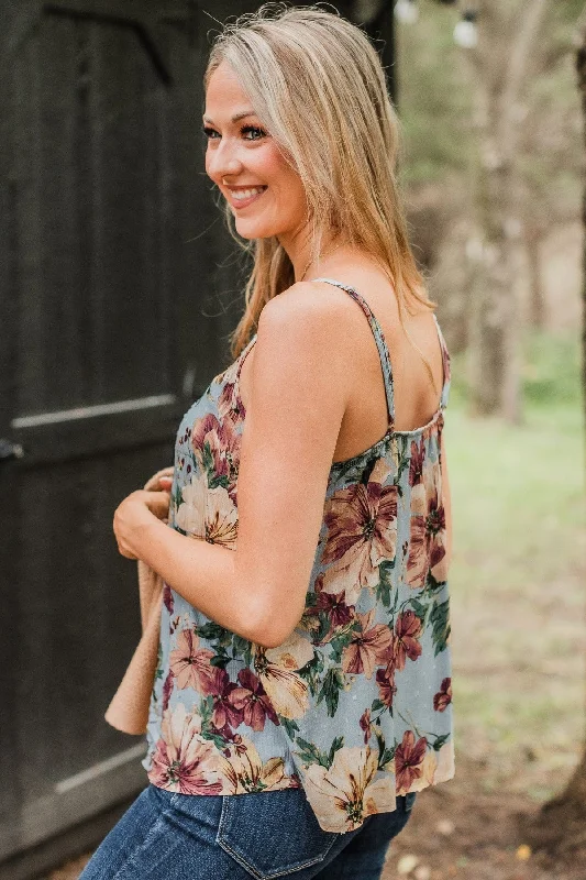 Up For Fun Floral Tank Top- Dusty Blue