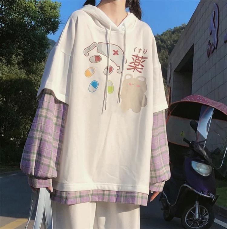 Women's Kawaii Bear Hoodies Spliting Plaid Shirts 