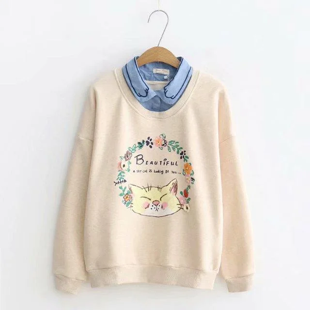 Women's Kawaii Floral Circle Cats Printed Sweaters Splicing Pad Collar Shirts