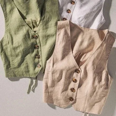 Women's Linen Button Down Vest in (Khaki or Light Olive)