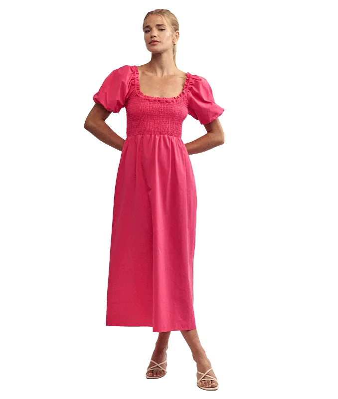 Puff Sleeve Beau Midi Dress - Pink