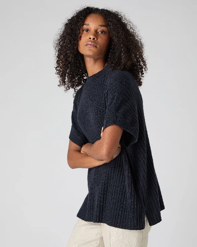 Women's Rib Cashmere Poncho Navy Blue