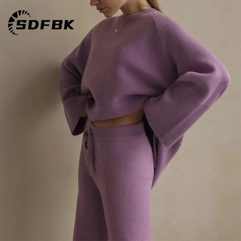 Znbbw Sweater 2 Piece Set Women 2023 Winter Side Slit Long Sleeve Top with Wide Leg Pants Knitting Trousers Suit Solid Outfits