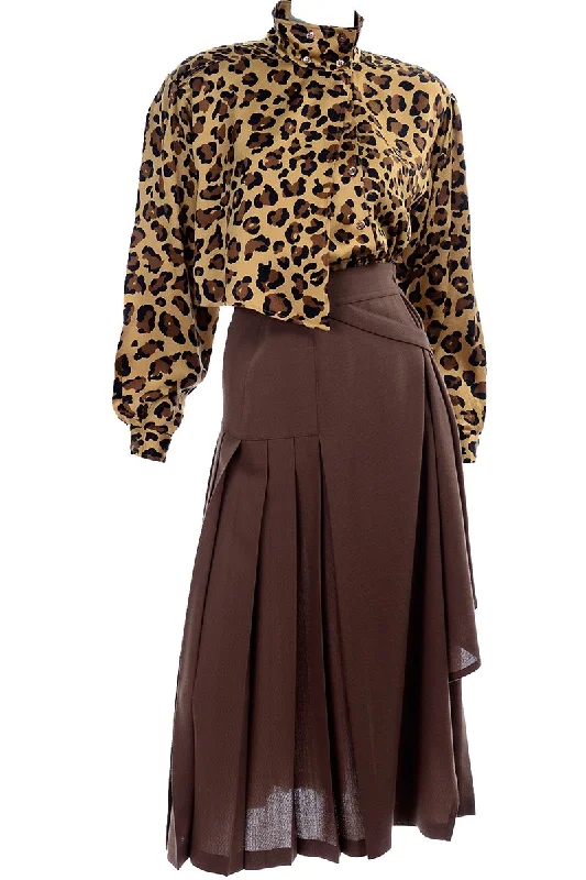 1980s Escada Silk Animal Print Blouse & Brown Wrap Skirt w/ Attached Belt