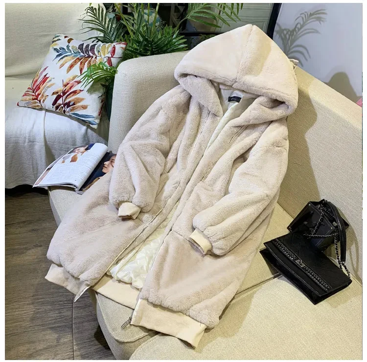 Casual Hoodies Furry Thick Warm Long Faux Rabbit Fur Jacket Faux Fur Coat Women Loose Winter Coat Women D016