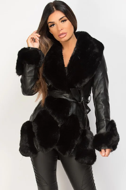 Black Faux Leather Belted Jacket With Faux Fur Trim