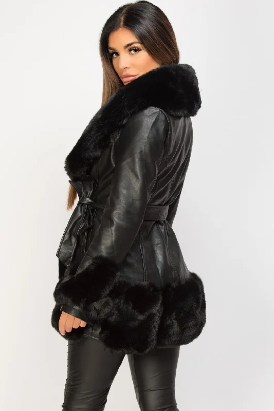 Black Faux Leather Belted Jacket With Faux Fur Trim