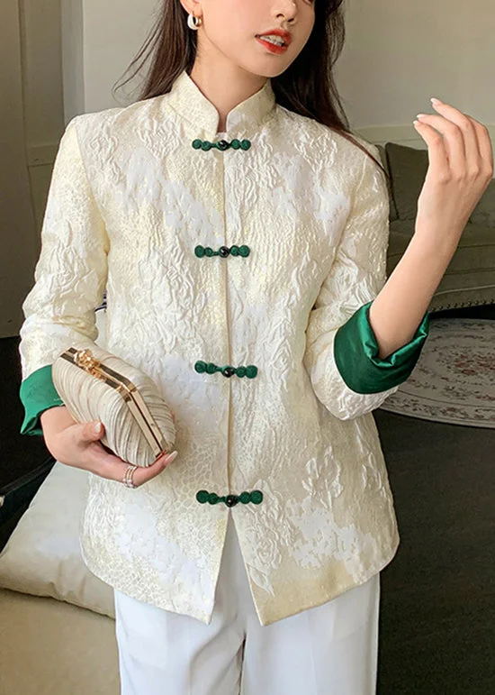 Boutique White Stand Collar Jacquard Silk Coat Long Sleeve