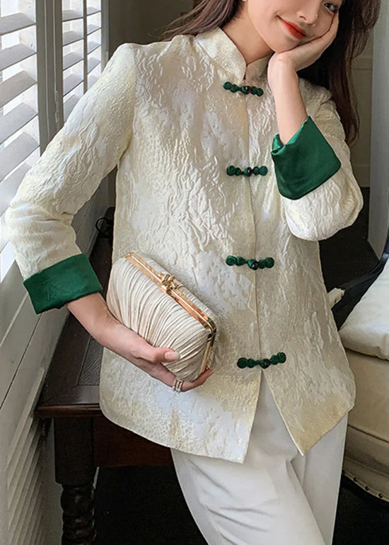 Boutique White Stand Collar Jacquard Silk Coat Long Sleeve