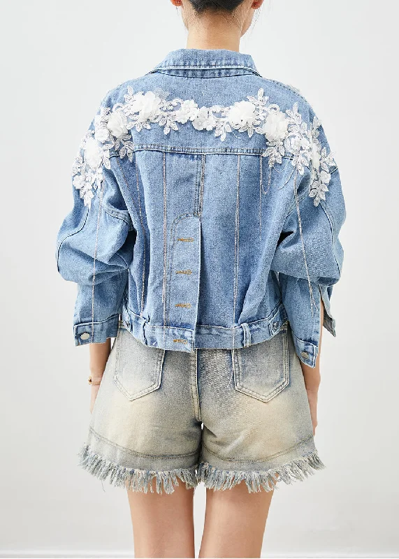 Chic Blue Oversized Stereoscopic Floral Denim Coat Fall