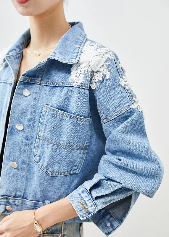 Chic Blue Oversized Stereoscopic Floral Denim Coat Fall