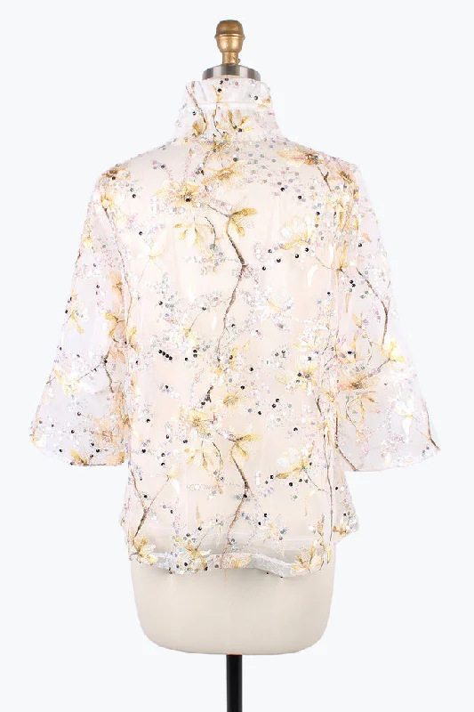 Damee Sequin & Floral Embroiderey on Mesh Jacket in Gold & White - 2396