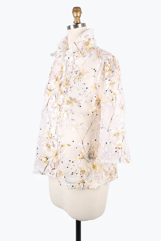 Damee Sequin & Floral Embroiderey on Mesh Jacket in Gold & White - 2396