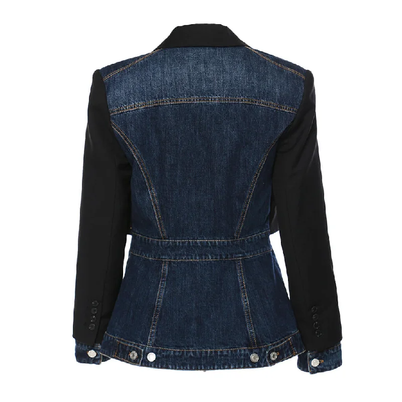 Deconstructed Two Tone Lapel Collar Single Breasted Hybrid Layered Denim Blazer