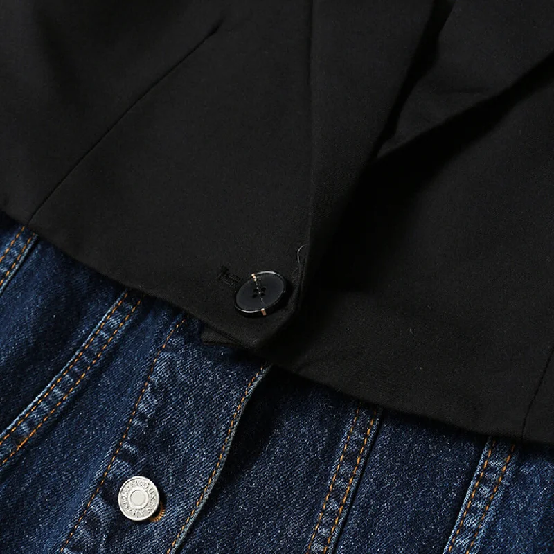 Deconstructed Two Tone Lapel Collar Single Breasted Hybrid Layered Denim Blazer