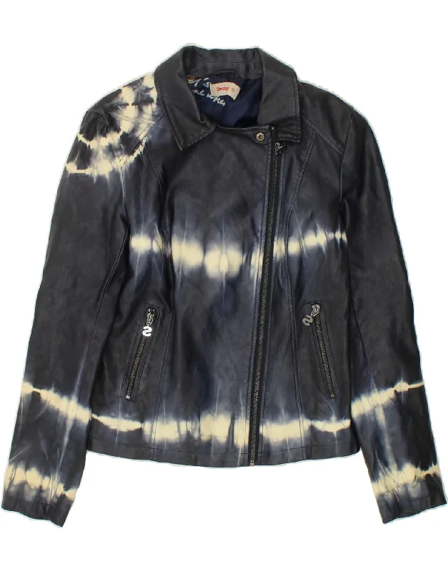 DESIGUAL Womens Faux Leather Bomber Jacket EU 36 Small Black Tie Dye