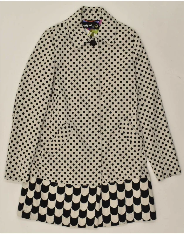 DESIGUAL Womens Overcoat EU 40 Medium White Polka Dot Cotton